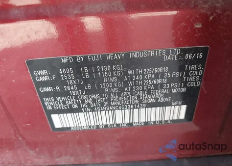 2016 Subaru Outback 2.5I Limited z USA, uszkodzony, nr VIN 4S4BSANC4G3361439